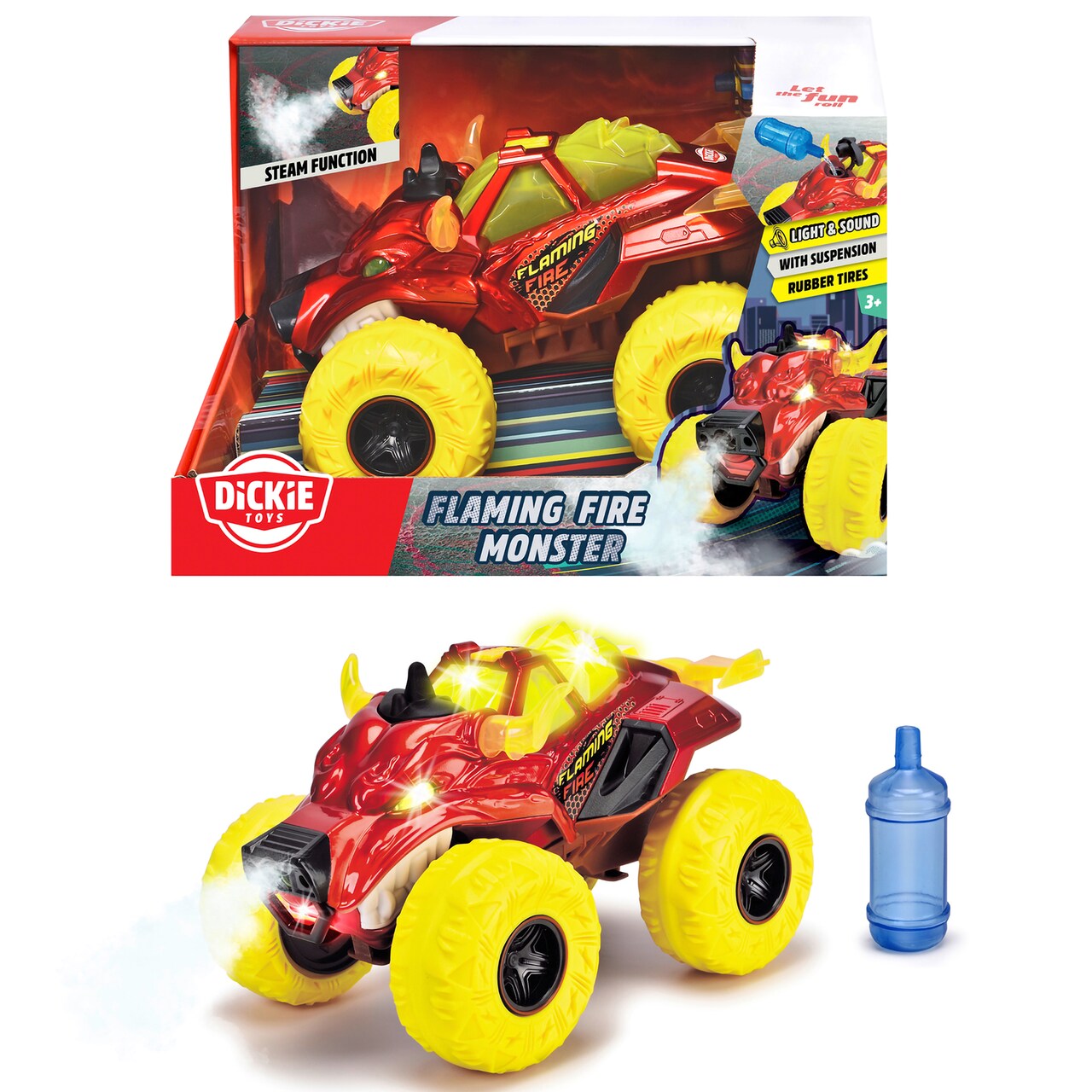 Dickie Toys: Flaming Fire Monster Truck – Red 9.8" Light & Sound Toy Vehicle, Steam Effect, Large Rubber Tires & Suspension, Glowing Eyes, Kids 3+